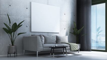 The modern cozy interior design of living room and concrete wall texture background and picture frame