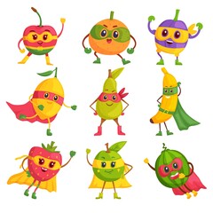 Super hero fruit. Comic cartoon characters in masks and capes vector set. Brave and funny super hero fruits. Vegan or vegetarian healthy food fun concept