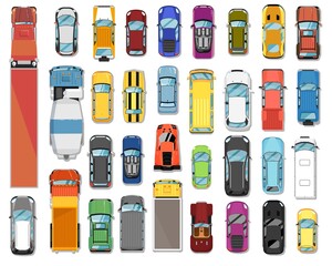 Trucks and cars top view. Various automobiles and trucks motor wheel vehicles set. Vector top view of trucks and cars collection. Automotive transportation and auto industry concept - obrazy, fototapety, plakaty