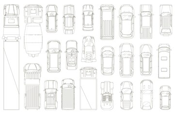 Cars and trucks outline. Various automobiles and trucks motor wheel vehicles line contour drawing set. Top view of trucks and cars collection. Automotive transportation and auto industry concept © studioworkstock