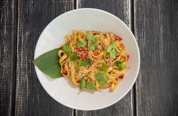 Delicious dish of pasta on the white plate