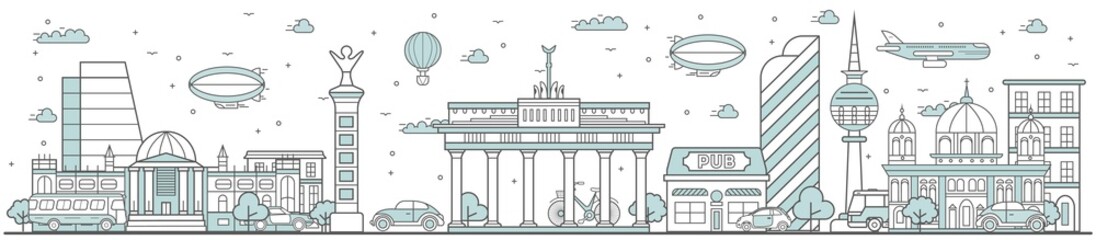 Berlin skyline. Line cityscape with famous building landmarks panorama. Skyline with street Brandenburg Gate, Berlin Cathedral city sights. Capital city constructions outline, architecture concept © studioworkstock