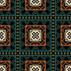 Colorful lace ethnic floral seamless pattern. Vector ornamental plaid background. Abstract tribal repeat tartan backdrop. Geometric folkloric lacy ornament with shapes, squares, flowers, stripes