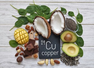 Food rich in copper: chia and sunflower seeds, spinach, dark chocolate, nuts, mango, coconut, avocado. Various food products as natural sources of copper with the symbol Cu and atomic number 29.