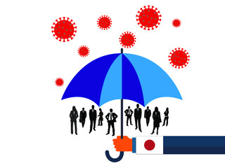 Business people vector flat illustration during Coronavirus Covid-19. Coronavirus infection control. Immune system protectio, support. 
Japon government protection with umbrella