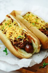 Homemade Chili dogs topped with cheddar cheese, selective focus