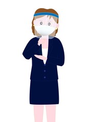 新型コロナウイルスの感染予防対策でフェイスシールドをつけているビジネスウーマンのポーズ。