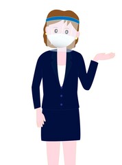 新型コロナウイルスの感染予防対策でフェイスシールドをつけているビジネスウーマンのポーズ。