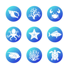 Marine Life Icons Set. White Background