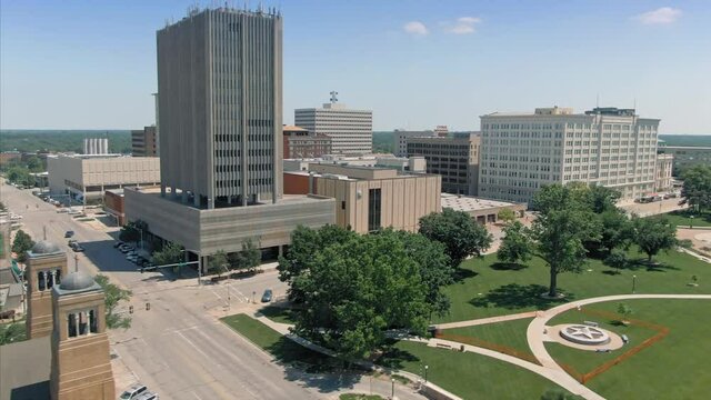 Aerial flying over downtown cbd in Topeka, Kansas, USA