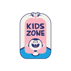 Color funny cartoon logo for children's room and playful zone vector illustration. Logo of the children's zone isolated on a white background.A happy boy with raised hands looks at text messages.