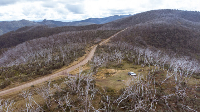 Aerial photo in the Great Alpine Road, Dinner Plain, Dargo. 