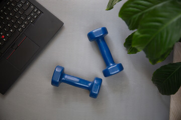 Two dumbbells for fitness at home and a laptop for remote training.