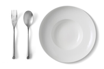 A white plate with a silver fork and spoon on a white background