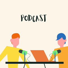 Two guy broadcasting, Podcast vector illustration in colorful, flat style