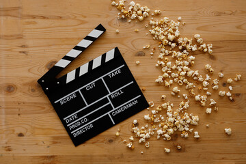 Filmmaking concept. Movie Clapperboard. Cinema begins with movie clappers. Movie clapper on an old...
