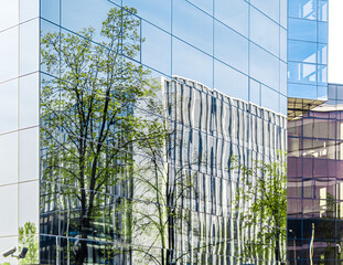 Part of modern corporate buildings from glass with reflections of green trees. Green building concept.