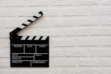Filmmaking concept. Movie Clapperboard. Cinema begins with movie clappers. Movie clapperboard on a...