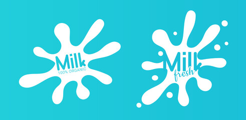 Milk circle badge and dairy labels with splashes and bolts. Milk badge with drop and splash for labels of package.