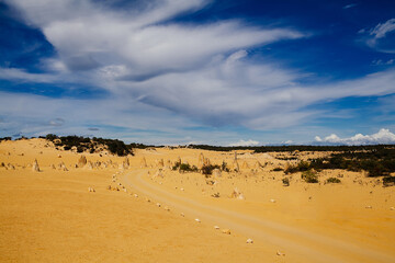 View of the Pinnacles Desert in the Nambung National Park, Western Australia. Selective focus