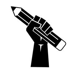 A fist hand holding a pencil. Concept of freedom of expression, with a raised fist holding a red pencil. raised fist symbol