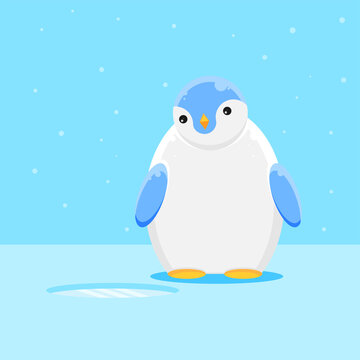 a funny penguin, learning to hunt for food, when it snows. he was waiting for a fish to appear from the ice pit beside him. With an expression waiting