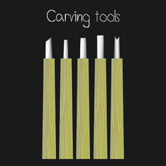Wood carving tool set isolated on dark gray background. Object tool design for carving.