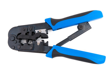 Network cable installation crimping tool, Ethernet connector for pass through with isolated on white background.