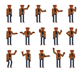 Set of brown bear characters showing various hand gestures. Cheerful bear pointing, greeting, showing thumb up and other gestures. Flat design vector illustration