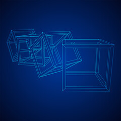 Blockchain cube chain. Square big data flow information. Wireframe low poly mesh vector illustration.
