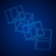 Blockchain cube chain. Square big data flow information. Wireframe low poly mesh vector illustration.