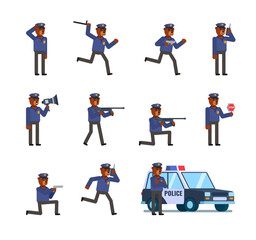 Fototapeta na wymiar Set of bear policeman characters in various situations. Bear officer patroling, walking, running with gun and showing other actions. Simple design vector illustration