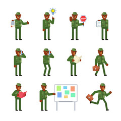Set of bear soldier characters showing various actions. Military bear holding stop sign, reading book, running and showing other actions. Flat design vector illustration