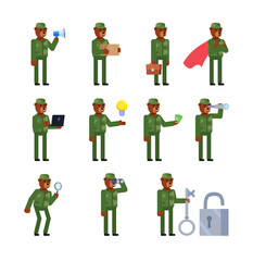 Set of bear soldier characters showing various actions. Military bear holding loudspeaker, box, spyglass and showing other actions. Flat design vector illustration © paper_owl