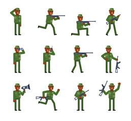 Set of bear soldier characters showing various actions. Military bear holding gun, walking, running and showing other actions. Flat design vector illustration