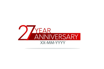 27 year anniversary, minimalist logo. jubilee, greeting card. Birthday invitation. year sign. Red space vector illustration on white background - Vector