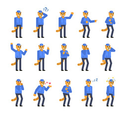 Set of cat courier characters showing various emotions. Cat postman crying, laughing, tired, angry, sleeping and showing other expressions. Minimal design vector illustration