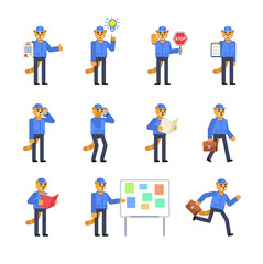 Set of cat courier characters in various situations. Cat postman holding document, stop sign, reading book, running, walking and showing other actions. Minimal design vector illustration