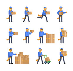 Set of cat courier characters with parcel box showing various actions. Minimal design vector illustration