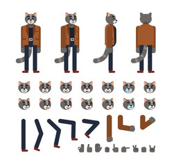 Dark grey cat character in brown jacket and dark pants creation set. Create your own pose, action, animation. Flat design vector illustration