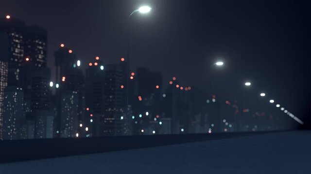 View at night from highway of mega city with skyscraper buildings, blur bokeh light. Perfect CG seamless loop. For product, music, or travel background