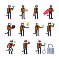 Set of cat characters showing various actions. Cheerful cat holding loudspeaker, box, laptop, idea bulb, searching with spyglass. Flat design vector illustration © paper_owl