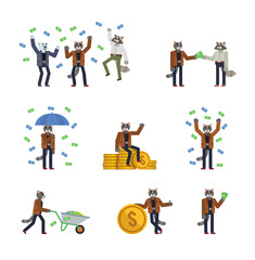 Set of cat characters posing with money. Cheerful cat standing with umbrella under money rain, sitting on big stack of coins and showing other actions. Flat design vector illustration