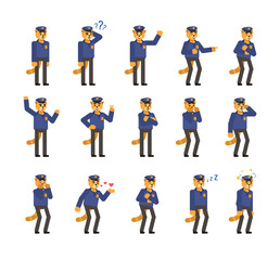 Set of cat policeman characters showing various emotions. Cat officer laghing, crying, tired, dazed, angry and showing other expressions. Simple design vector illustration