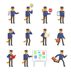 Set of cat policeman characters in various situations. Cat officer holding document, stop sign, reading book, walking and showing other actions. Simple design vector illustration