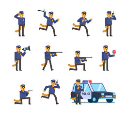 Fototapeta na wymiar Set of cat policeman characters in various situations. Cat officer patroling, walking, running with gun and showing other actions. Simple design vector illustration