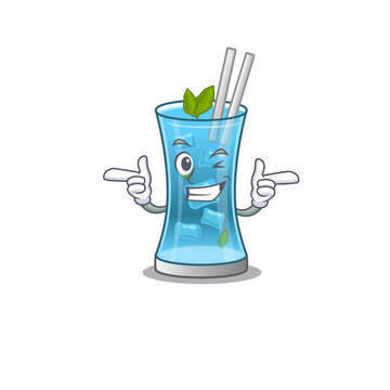 Cartoon design of blue hawai cocktail showing funny face with wink eye
