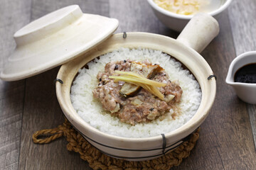 rice in clay pot, steamed minced pork with salted fish, chinese cuisine