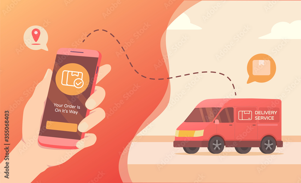 Poster fast delivery service app on mobile phone: van delivering box customer tracking an order using smart