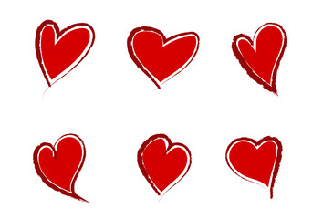 Set of original red hand-drawn grunge hearts in grunge style. Isolated vector on white background